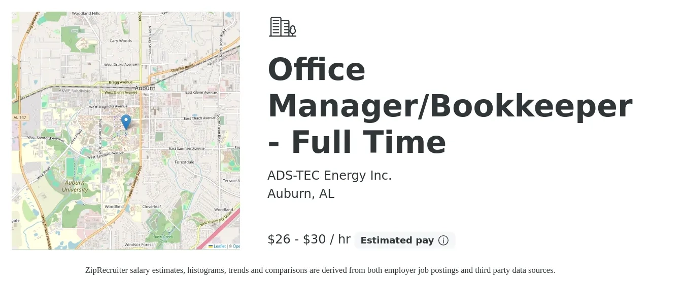 ADS-TEC Energy Inc. job posting for a Office Manager/Bookkeeper - Full Time in Auburn, AL with a salary of $28 to $32 Hourly with a map of Auburn location.
