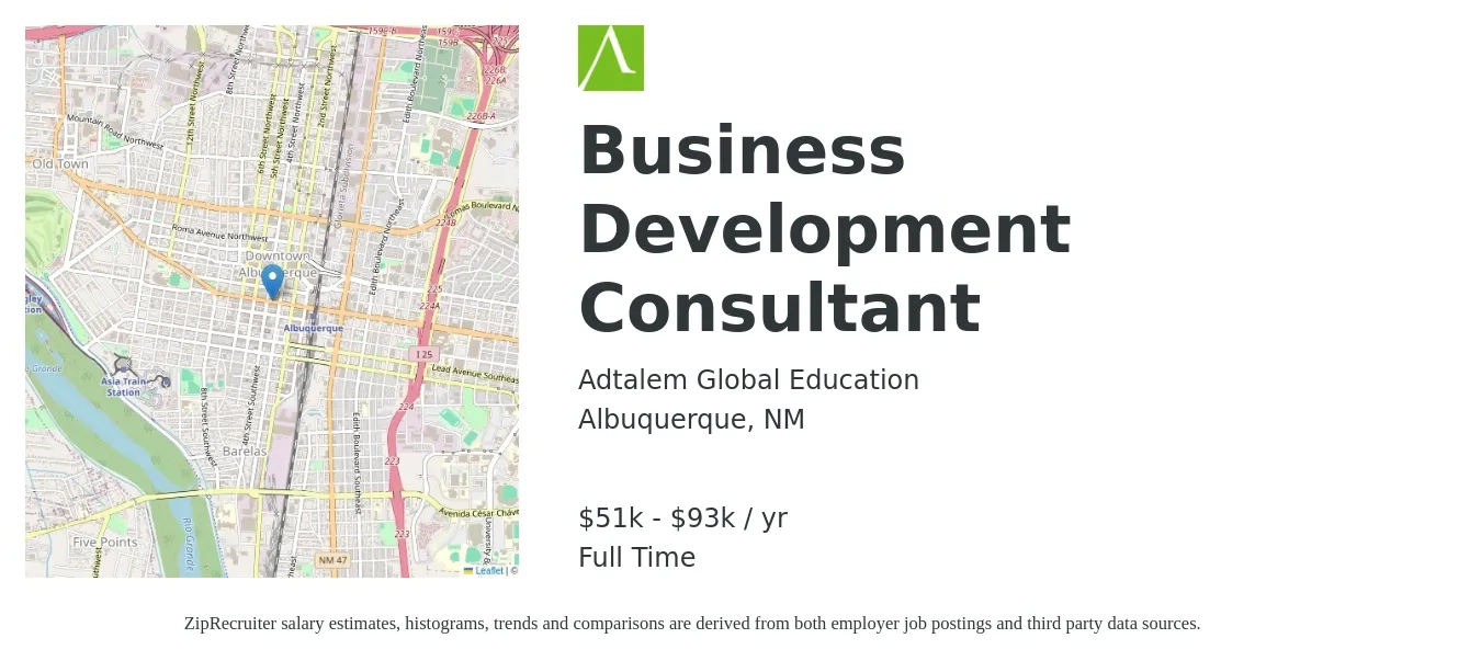 Adtalem Global Education job posting for a Business Development Consultant in Albuquerque, NM with a salary of $51,962 to $93,919 Yearly with a map of Albuquerque location.