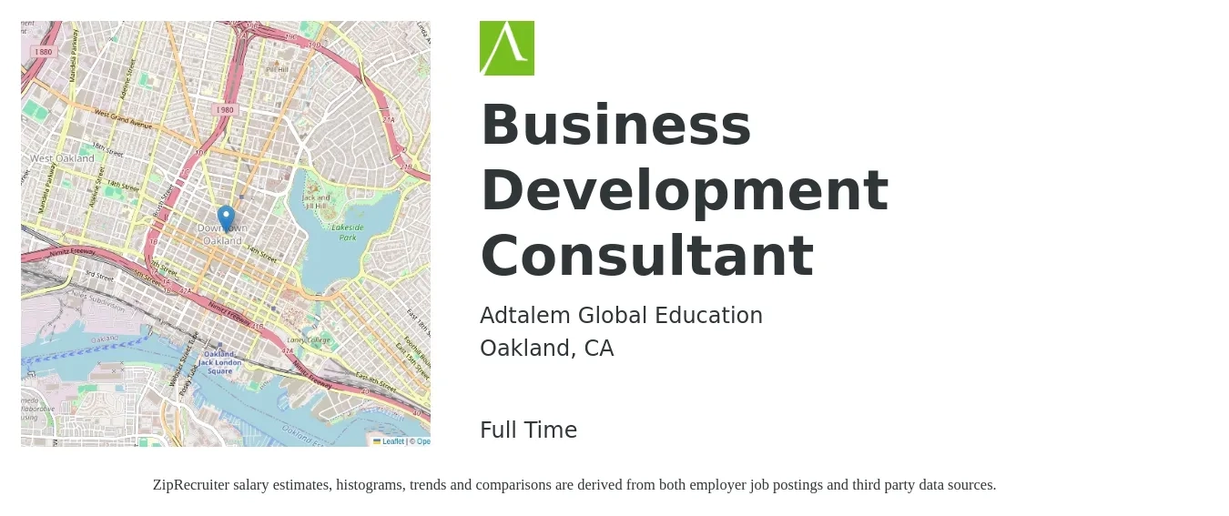Adtalem Global Education job posting for a Business Development Consultant in Oakland, CA with a salary of $51,962 to $93,919 Yearly with a map of Oakland location.