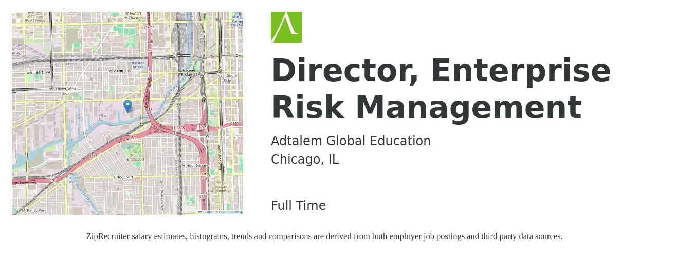 Adtalem Global Education job posting for a Director, Enterprise Risk Management in Chicago, IL with a salary of $108,700 to $172,500 Yearly with a map of Chicago location.