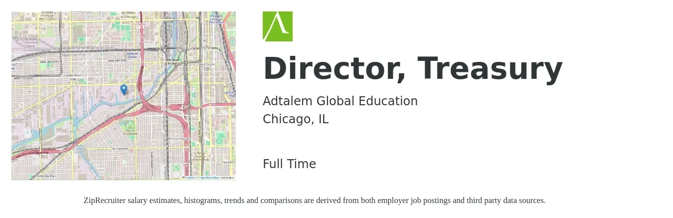 Adtalem Global Education job posting for a Director, Treasury in Chicago, IL with a salary of $143,700 to $179,200 Yearly with a map of Chicago location.