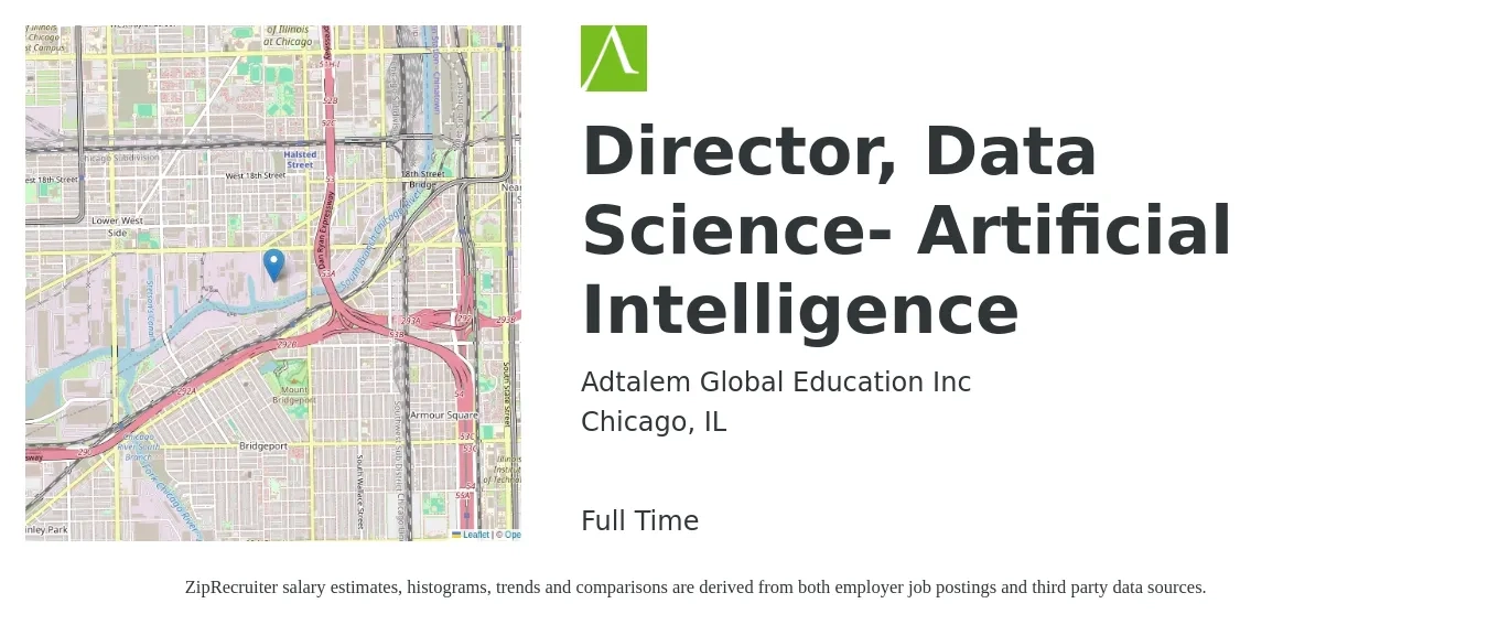Adtalem Global Education job posting for a Director, Data Science- Artificial Intelligence in Chicago, IL with a salary of $96,800 to $168,400 Yearly with a map of Chicago location.