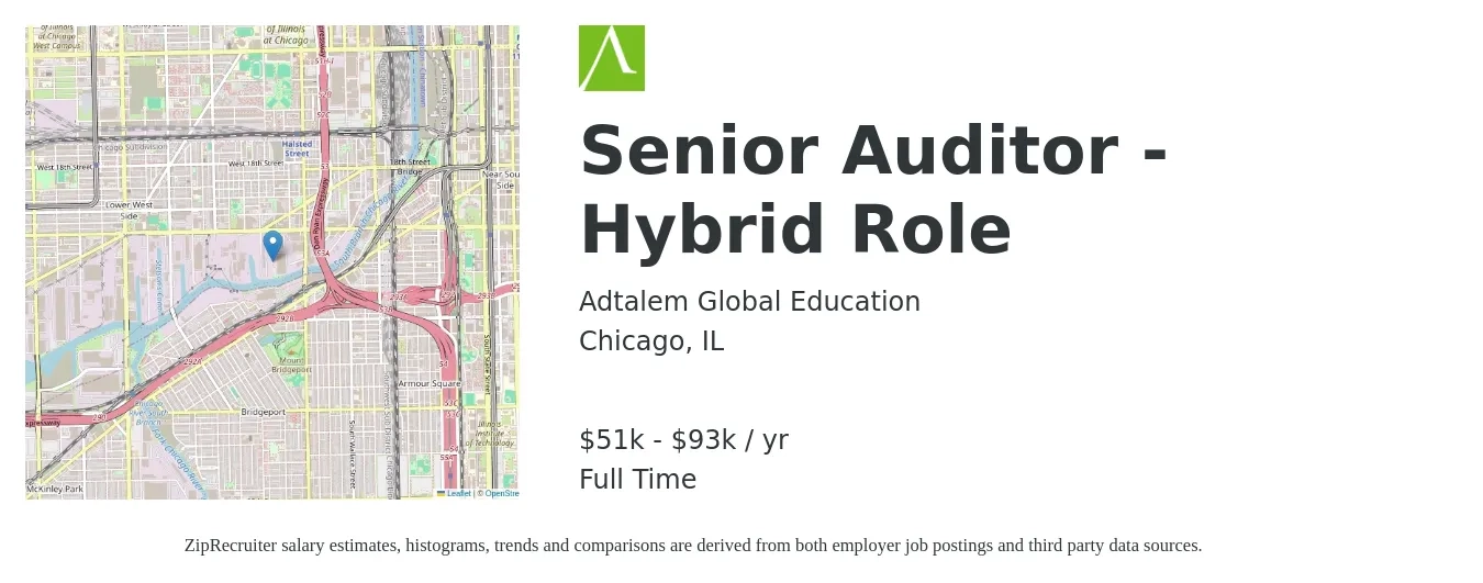 Adtalem Global Education job posting for a Senior Auditor - Hybrid Role in Chicago, IL with a salary of $51,962 to $93,919 Yearly with a map of Chicago location.