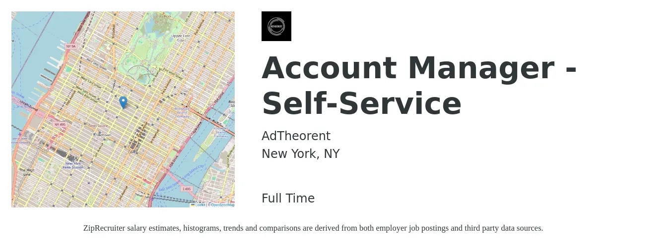 AdTheorent job posting for a Account Manager - Self-Service in New York, NY with a salary of $60 Hourly with a map of New York location.