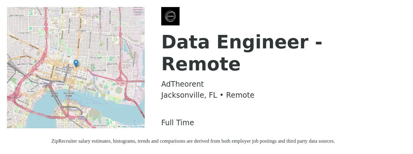 AdTheorent job posting for a Data Engineer - Remote in Jacksonville, FL with a salary of $106,100 to $127,400 Yearly with a map of Jacksonville location.