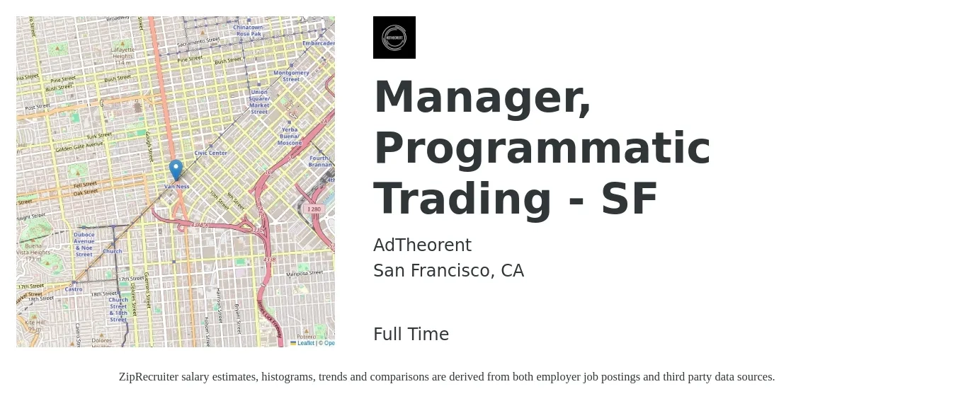 AdTheorent job posting for a Manager, Programmatic Trading - SF in San Francisco, CA with a salary of $54,800 to $96,000 Yearly with a map of San Francisco location.