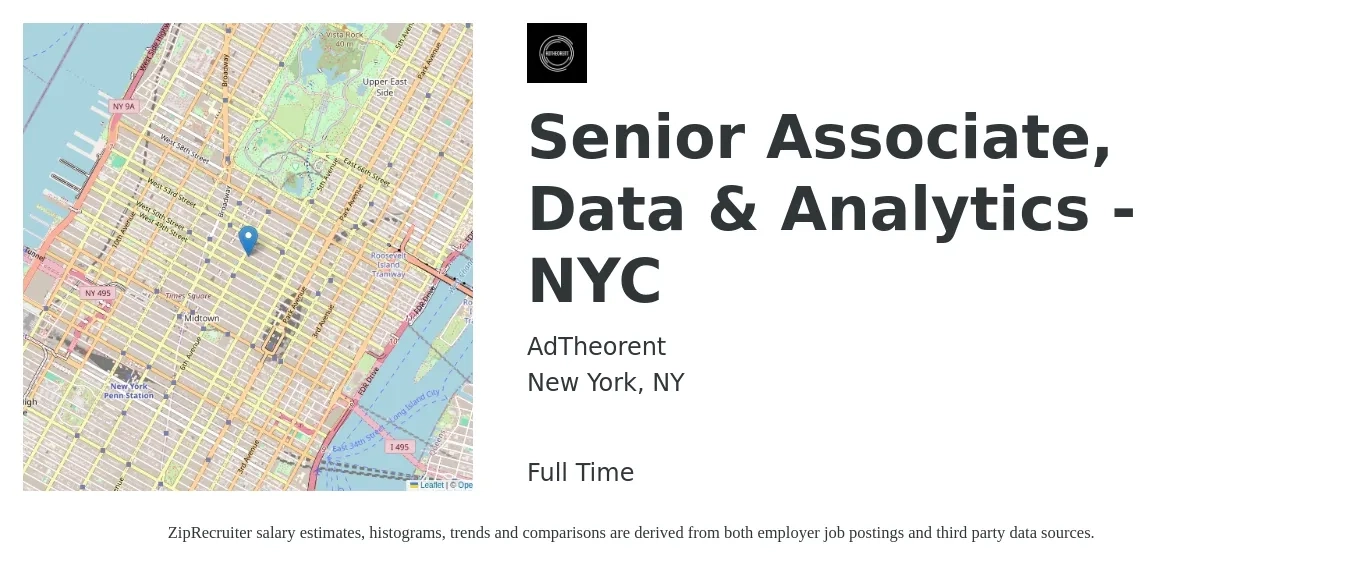 AdTheorent job posting for a Senior Associate, Data & Analytics - NYC in New York, NY with a salary of $6,240 to $7,340 Monthly with a map of New York location.