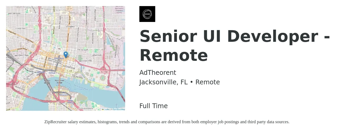 AdTheorent job posting for a Senior UI Developer - Remote in Jacksonville, FL with a salary of $56 to $72 Hourly with a map of Jacksonville location.