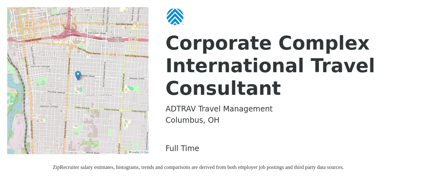 ADTRAV Travel Management job posting for a Corporate Complex International Travel Consultant in Columbus, OH with a salary of $20 to $24 Hourly with a map of Columbus location.