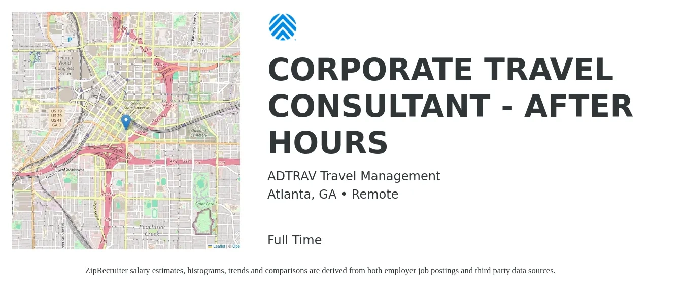 ADTRAV Travel Management job posting for a CORPORATE TRAVEL CONSULTANT - AFTER HOURS in Atlanta, GA with a salary of $20 to $24 Hourly with a map of Atlanta location.