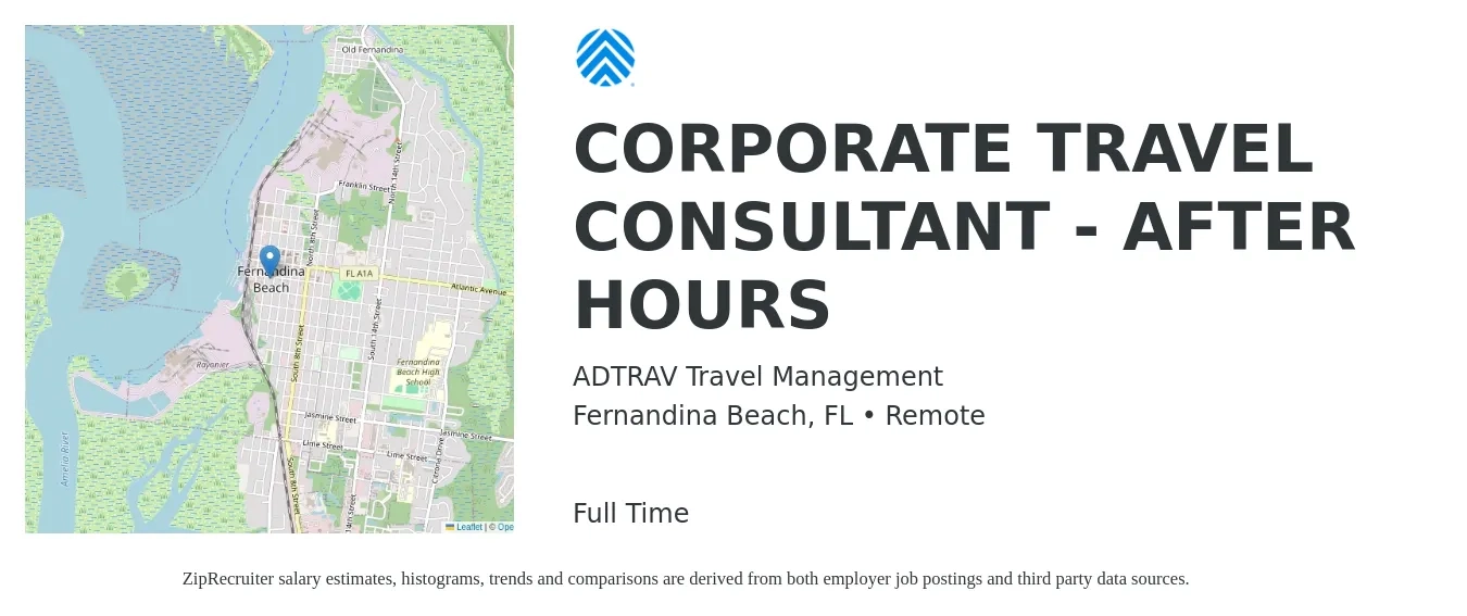 ADTRAV Travel Management job posting for a CORPORATE TRAVEL CONSULTANT - AFTER HOURS in Fernandina Beach, FL with a salary of $20 to $23 Hourly with a map of Fernandina Beach location.