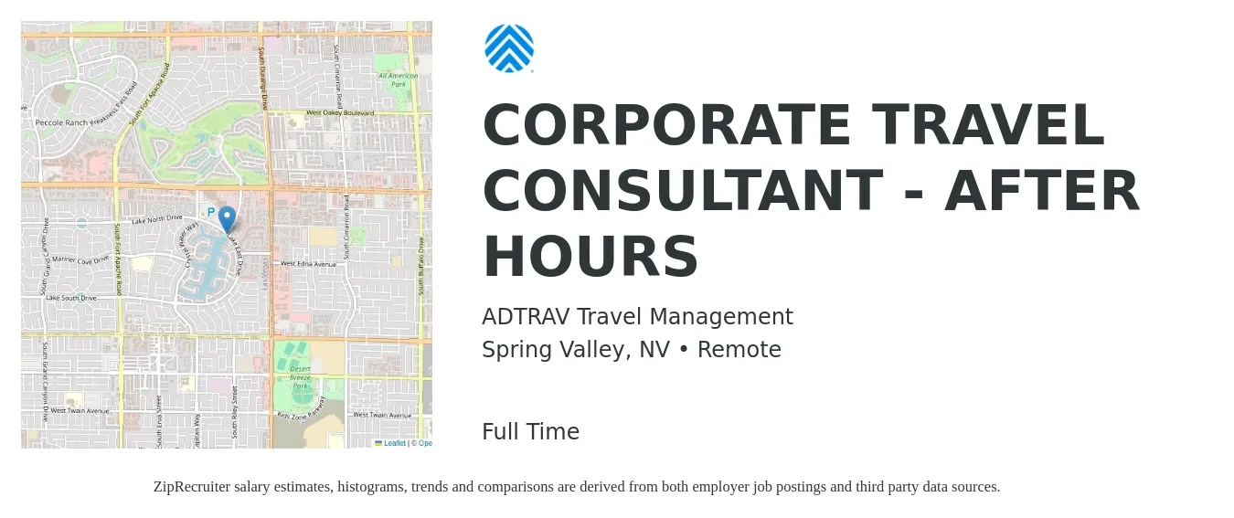 ADTRAV Travel Management job posting for a CORPORATE TRAVEL CONSULTANT - AFTER HOURS in Spring Valley, NV with a salary of $20 to $24 Hourly with a map of Spring Valley location.