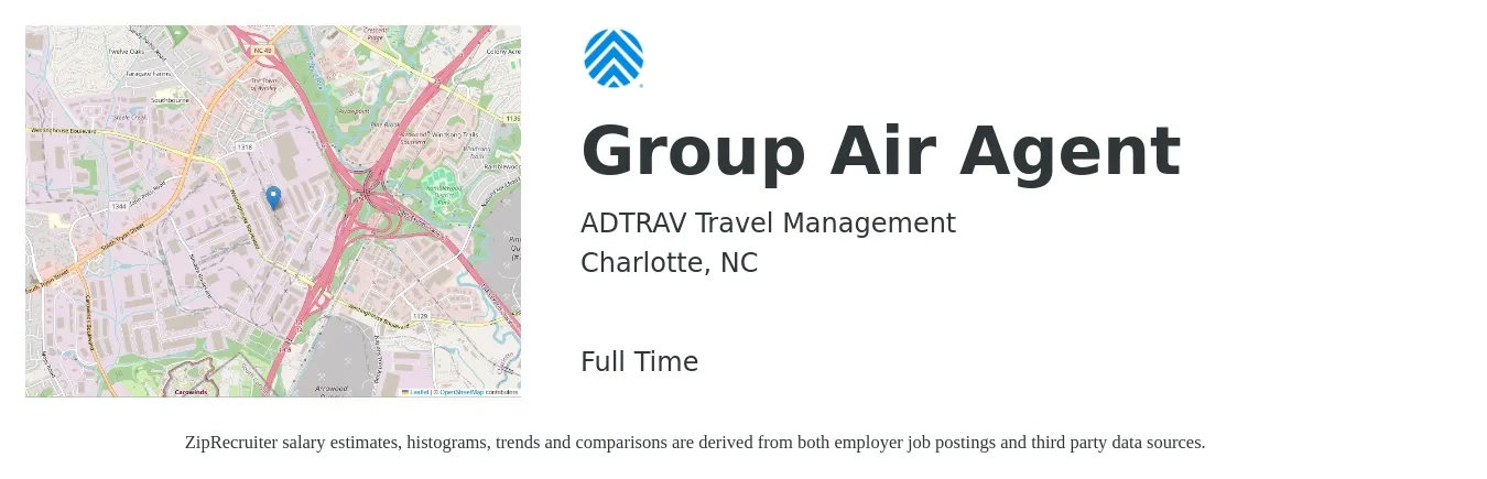 ADTRAV Travel Management job posting for a Group Air Agent in Charlotte, NC with a salary of $17 to $22 Hourly with a map of Charlotte location.
