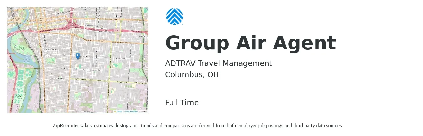 ADTRAV Travel Management job posting for a Group Air Agent in Columbus, OH with a salary of $17 to $22 Hourly with a map of Columbus location.