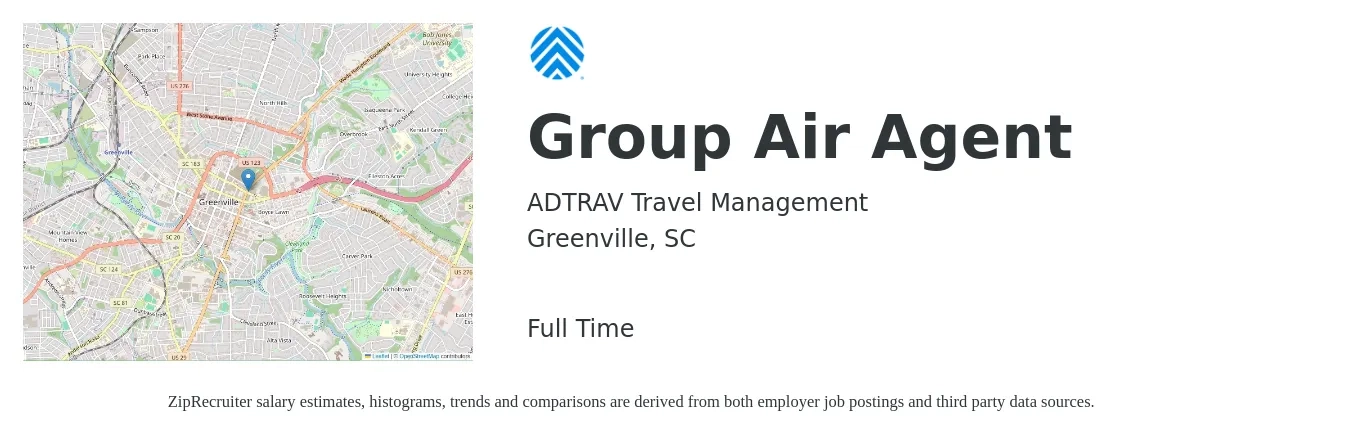 ADTRAV Travel Management job posting for a Group Air Agent in Greenville, SC with a salary of $16 to $22 Hourly with a map of Greenville location.