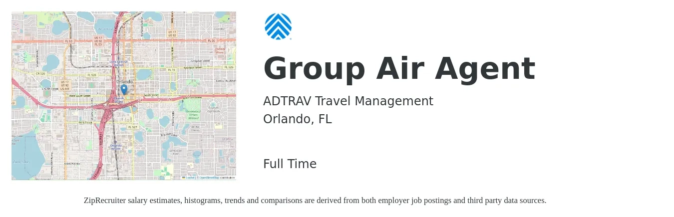 ADTRAV Travel Management job posting for a Group Air Agent in Orlando, FL with a salary of $15 to $20 Hourly with a map of Orlando location.