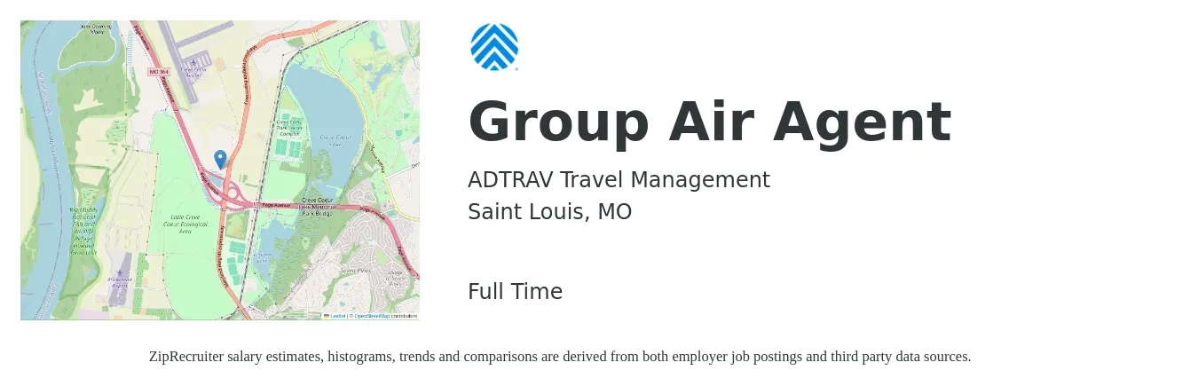 ADTRAV Travel Management job posting for a Group Air Agent in Saint Louis, MO with a salary of $17 to $22 Hourly with a map of Saint Louis location.