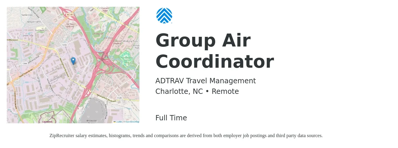 ADTRAV Travel Management job posting for a Group Air Coordinator in Charlotte, NC with a salary of $43,800 to $63,000 Yearly with a map of Charlotte location.