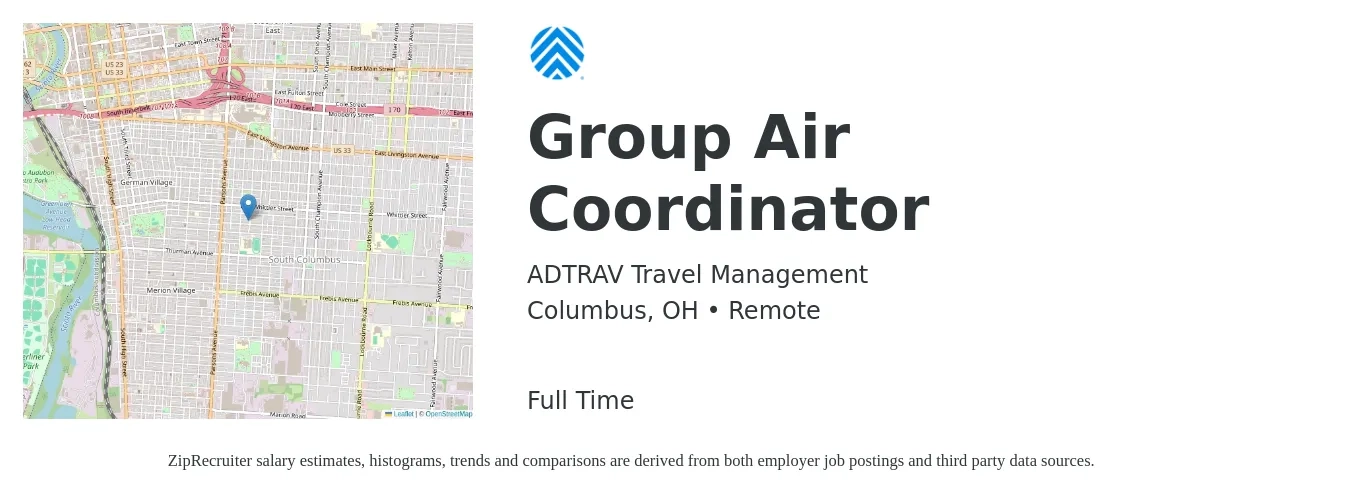 ADTRAV Travel Management job posting for a Group Air Coordinator in Columbus, OH with a salary of $43,000 to $61,800 Yearly with a map of Columbus location.