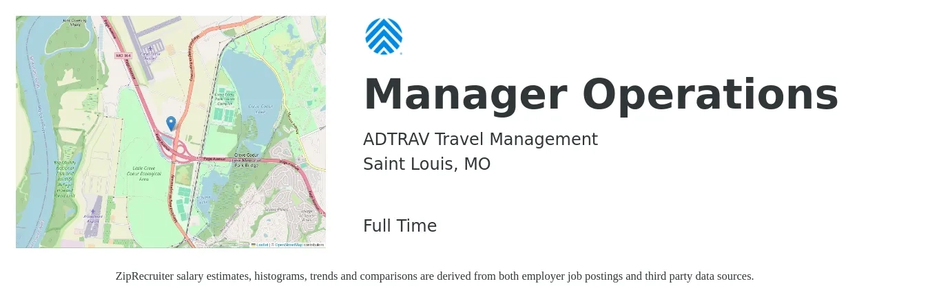 ADTRAV Travel Management job posting for a Manager Operations in Saint Louis, MO with a salary of $39,900 to $75,300 Yearly with a map of Saint Louis location.