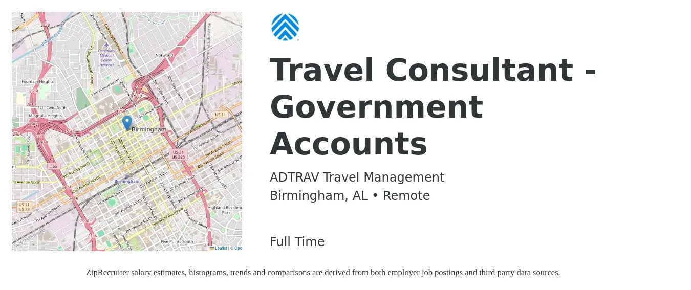 ADTRAV Travel Management job posting for a Travel Consultant - Government Accounts in Birmingham, AL with a salary of $37,000 to $51,500 Yearly with a map of Birmingham location.