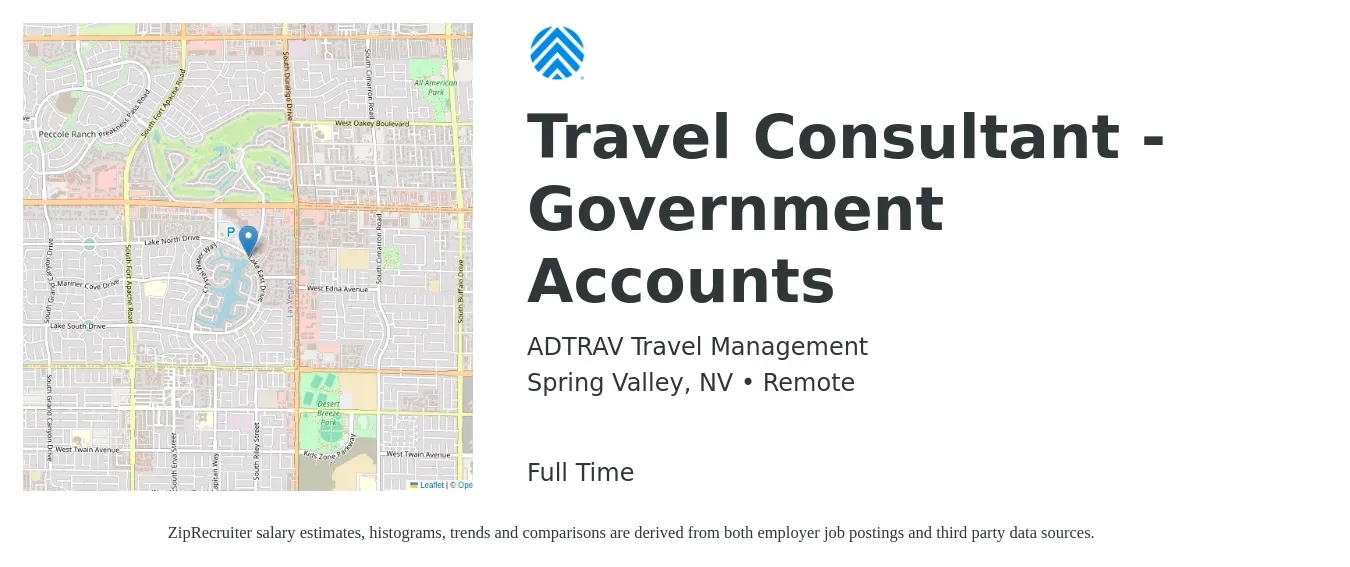 ADTRAV Travel Management job posting for a Travel Consultant - Government Accounts in Spring Valley, NV with a salary of $37,800 to $52,700 Yearly with a map of Spring Valley location.