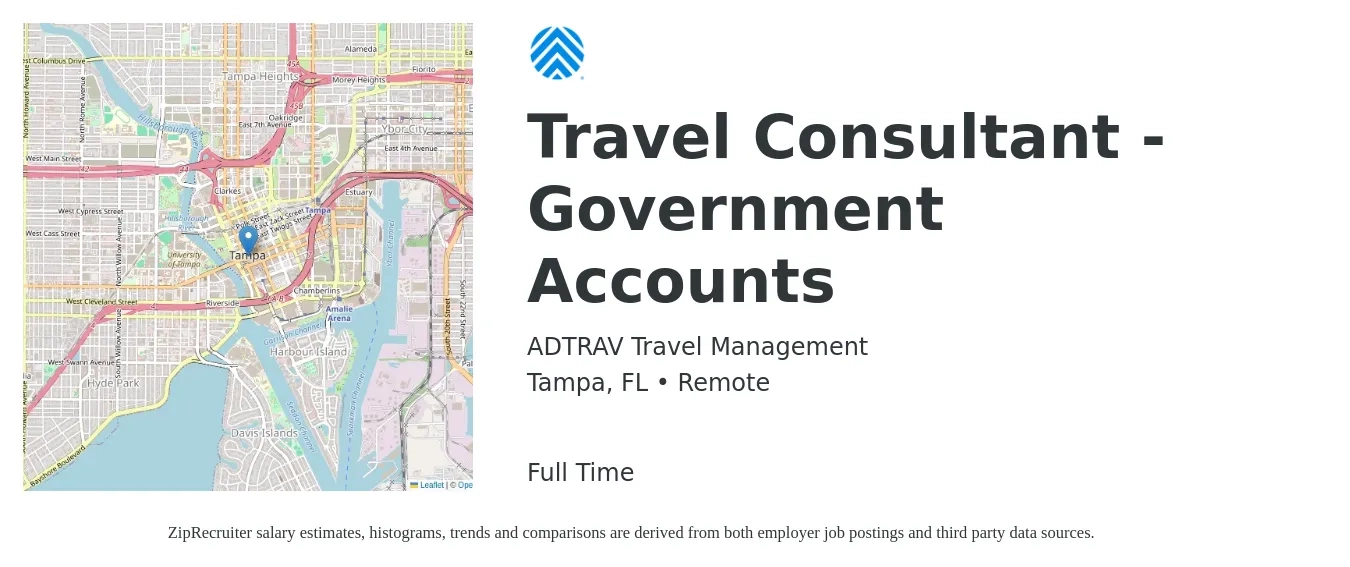 ADTRAV Travel Management job posting for a Travel Consultant - Government Accounts in Tampa, FL with a salary of $37,300 to $52,000 Yearly with a map of Tampa location.