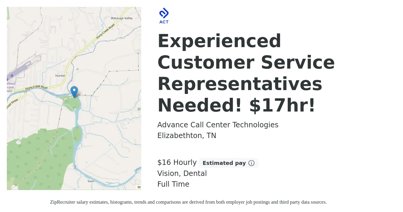 Advance Call Center Technologies job posting for a Experienced Customer Service Representatives Needed! $17hr! in Elizabethton, TN with a salary of $17 Hourly and benefits including life_insurance, pto, vision, and dental with a map of Elizabethton location.