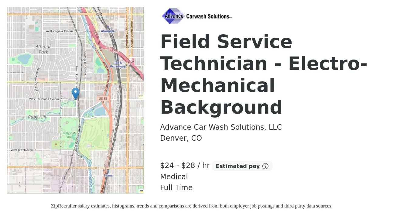 Advance Car Wash Solutions, LLC job posting for a Field Service Technician - Electro-Mechanical Background in Denver, CO with a salary of $25 to $30 Hourly and benefits including pto, and medical with a map of Denver location.