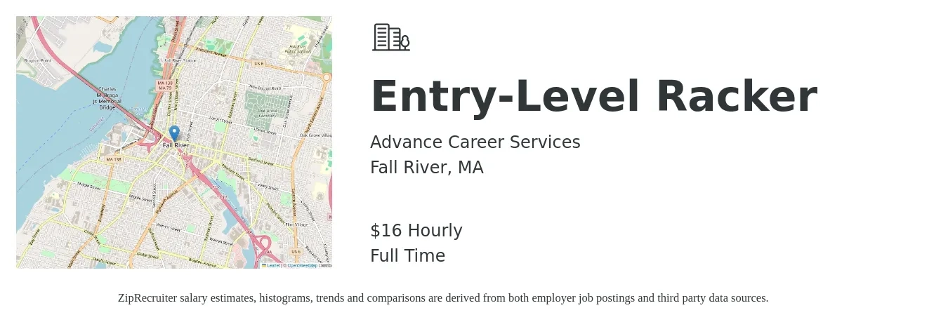 Advance Career Services job posting for a Entry-Level Racker in Fall River, MA with a salary of $17 Hourly with a map of Fall River location.