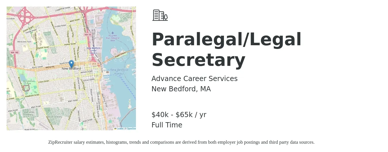 Advance Career Services job posting for a Paralegal/Legal Secretary in New Bedford, MA with a salary of $40,000 to $65,000 Yearly with a map of New Bedford location.