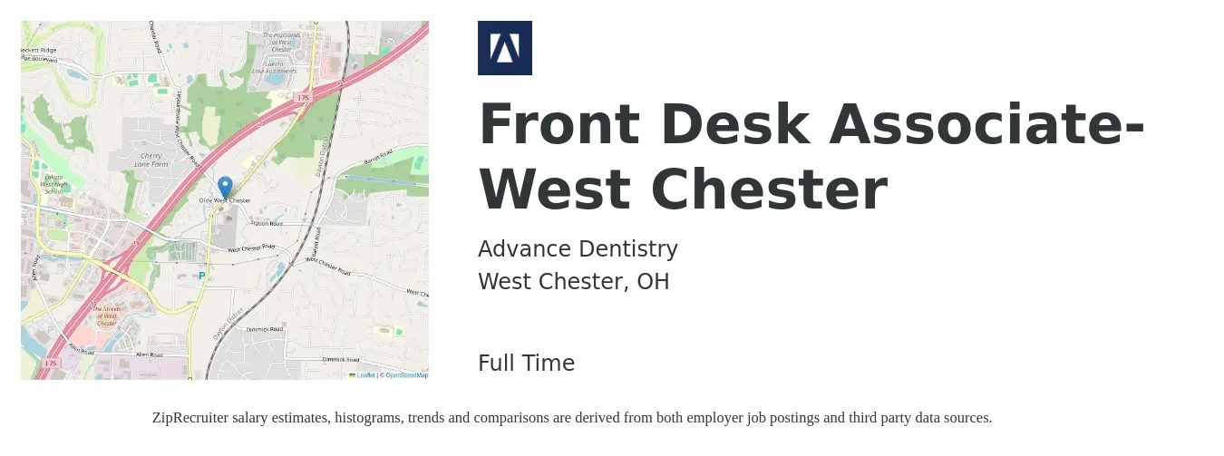 Advance Dentistry job posting for a Front Desk Associate- West Chester in West Chester, OH with a salary of $13 to $17 Hourly with a map of West Chester location.