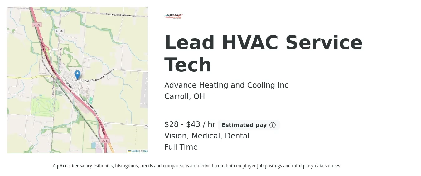 Advance Heating and Cooling Inc job posting for a Lead HVAC Service Tech in Carroll, OH with a salary of $30 to $45 Hourly and benefits including medical, pto, vision, and dental with a map of Carroll location.