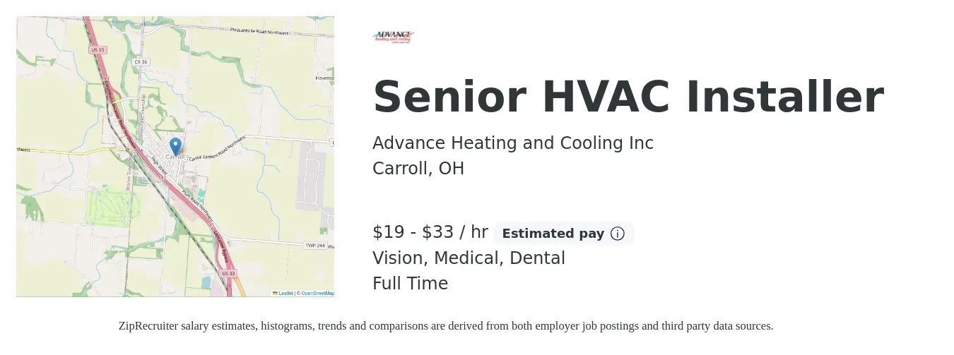 Advance Heating and Cooling Inc job posting for a Senior HVAC Installer in Carroll, OH with a salary of $20 to $35 Hourly and benefits including dental, medical, pto, and vision with a map of Carroll location.