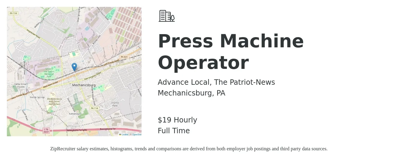 Advance Local, The Patriot-News job posting for a Press Machine Operator in Mechanicsburg, PA with a salary of $20 Hourly with a map of Mechanicsburg location.