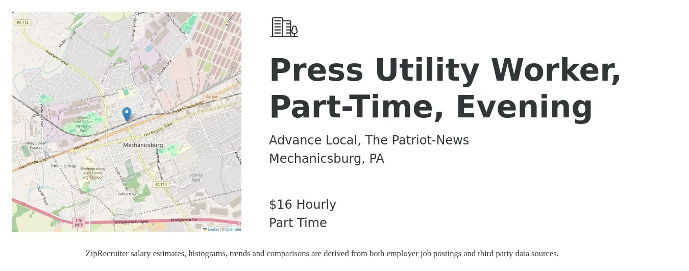Advance Local, The Patriot-News job posting for a Press Utility Worker, Part-Time, Evening in Mechanicsburg, PA with a salary of $18 Hourly with a map of Mechanicsburg location.