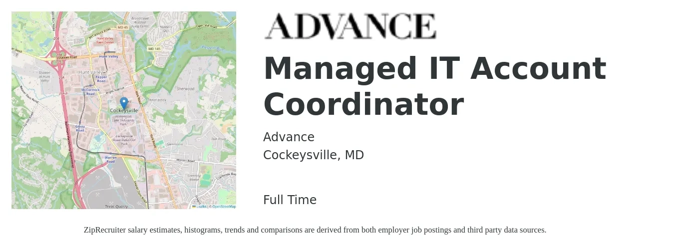 Advance job posting for a Managed IT Account Coordinator in Cockeysville, MD with a salary of $19 to $25 Hourly with a map of Cockeysville location.