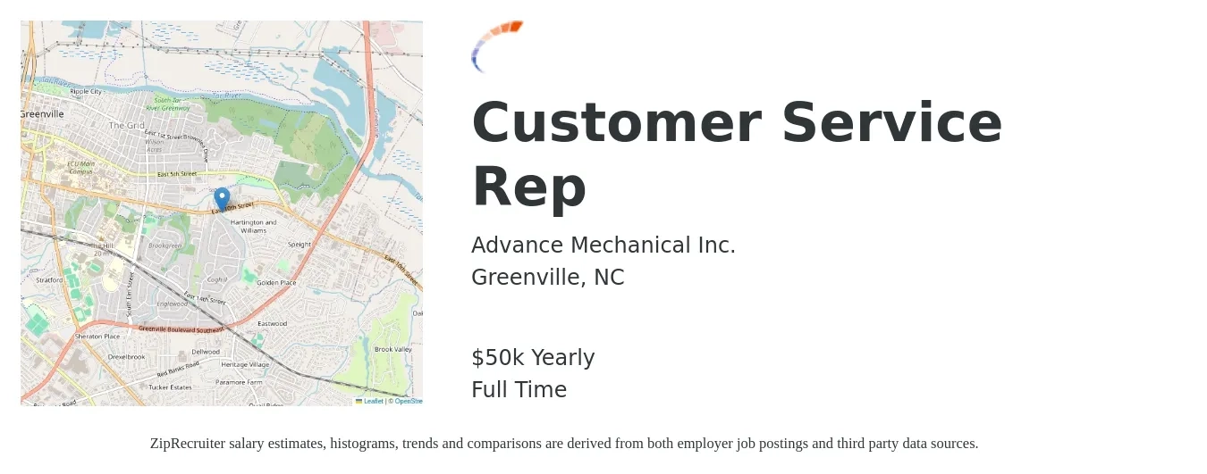 Advance Mechanical Inc. job posting for a Customer Service Rep in Greenville, NC with a salary of $15 Hourly with a map of Greenville location.