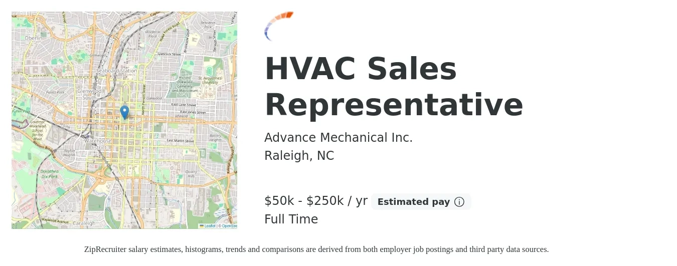 Advance Mechanical Inc. job posting for a HVAC Sales Representative in Raleigh, NC with a salary of $50,000 to $250,000 Yearly with a map of Raleigh location.