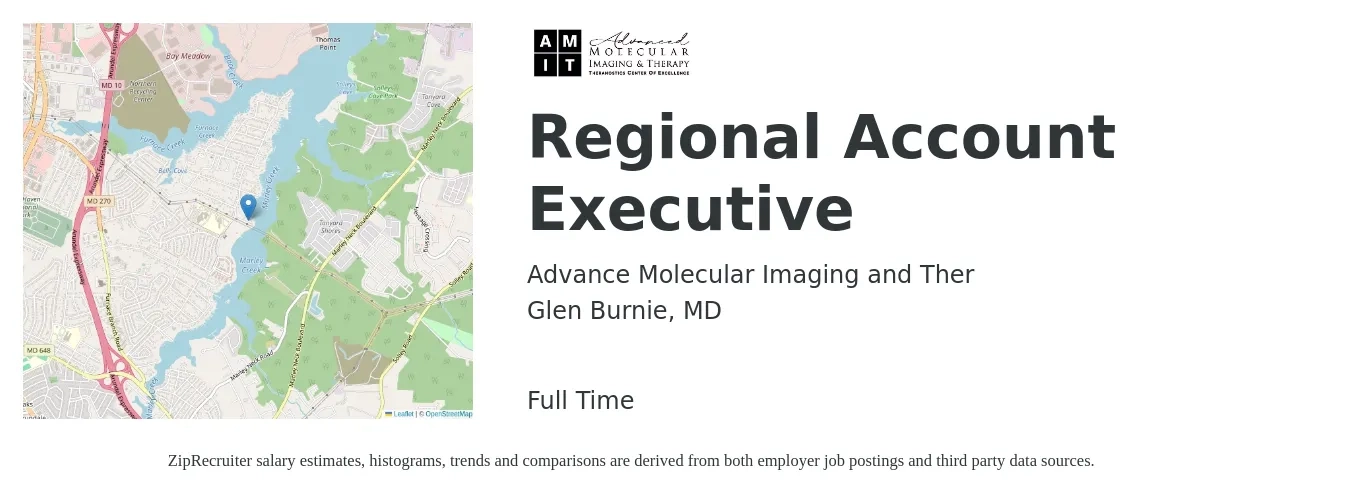 Advance Molecular Imaging and Ther job posting for a Regional Account Executive in Glen Burnie, MD with a salary of $70,900 to $103,600 Yearly with a map of Glen Burnie location.