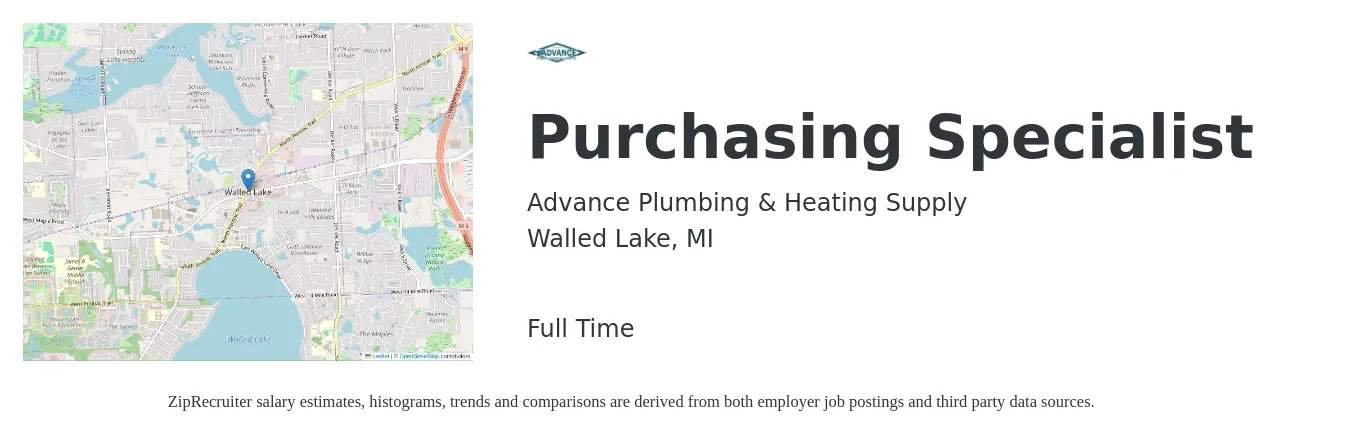 Advance Plumbing & Heating Supply job posting for a Purchasing Specialist in Walled Lake, MI with a salary of $21 to $30 Hourly with a map of Walled Lake location.