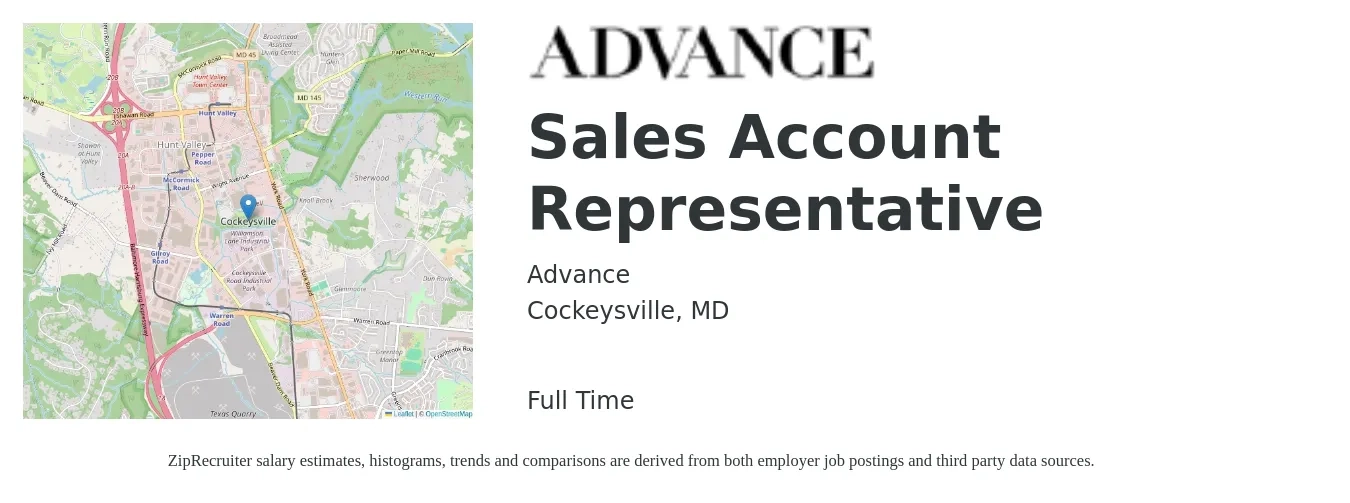 Advance job posting for a Sales Account Representative in Cockeysville, MD with a salary of $39,800 to $62,600 Yearly with a map of Cockeysville location.