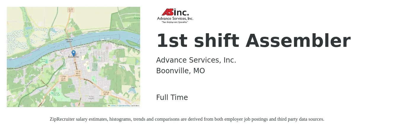 Advance Services, Inc. job posting for a 1st shift Assembler in Boonville, MO with a salary of $13 to $16 Hourly with a map of Boonville location.