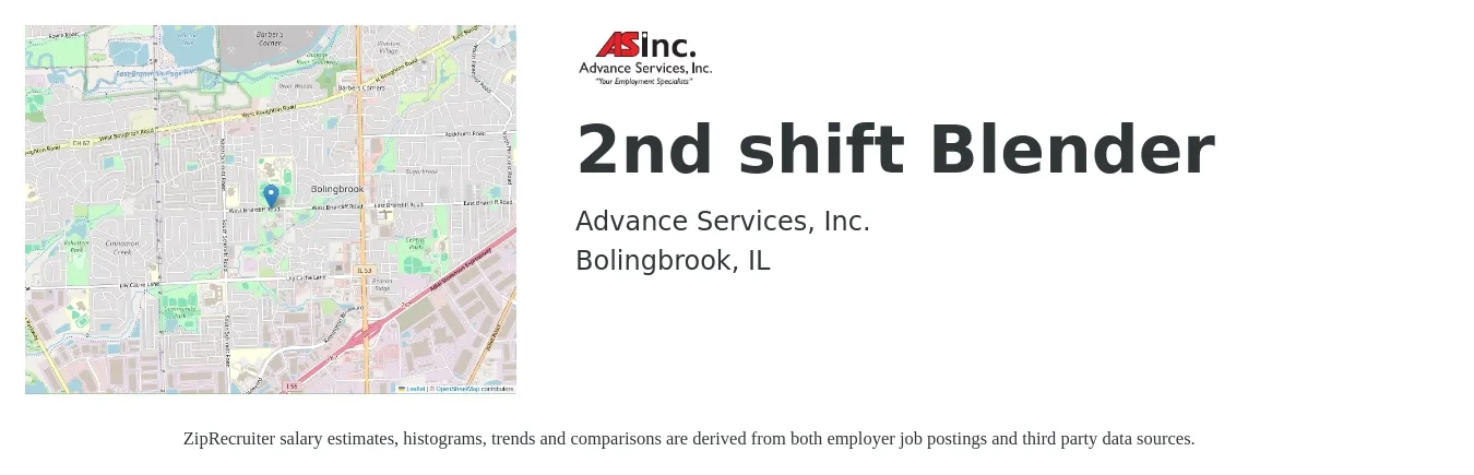 Advance Services, Inc. job posting for a 2nd Shift Blender in Bolingbrook, IL with a salary of $17 to $21 Hourly with a map of Bolingbrook location.