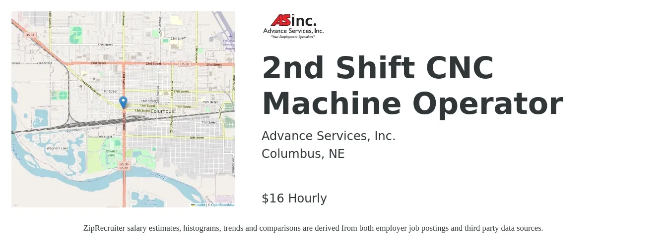 Advance Services, Inc. job posting for a 2nd Shift CNC Machine Operator in Columbus, NE with a salary of $17 Hourly with a map of Columbus location.