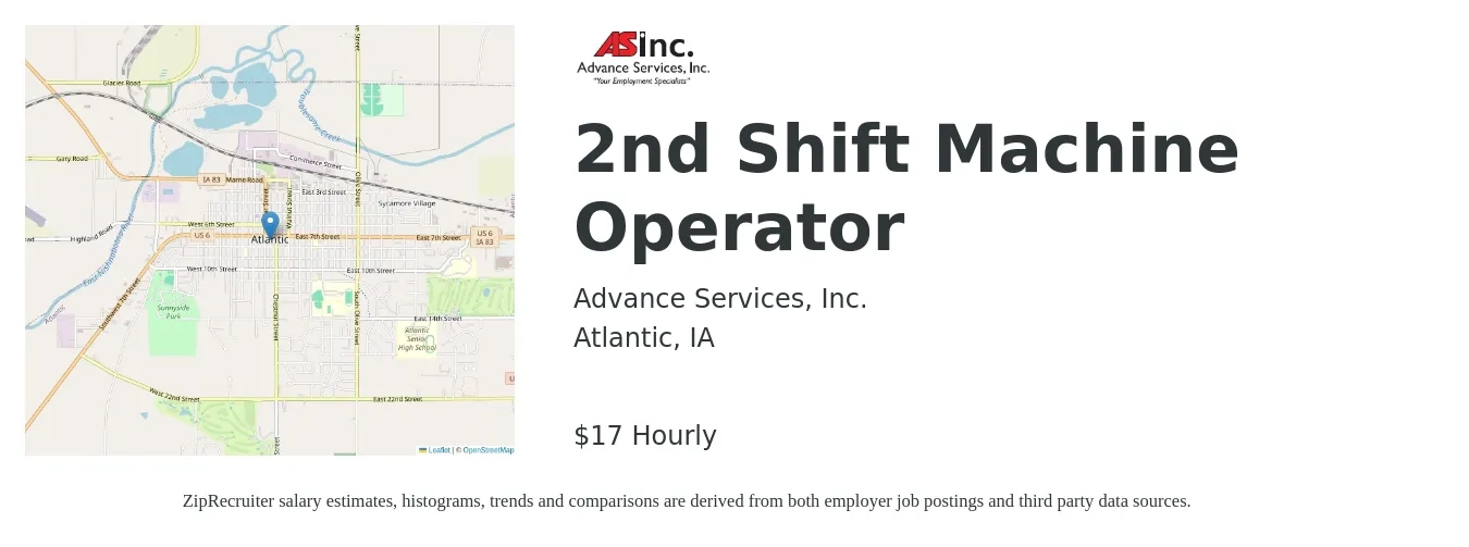 Advance Services, Inc. job posting for a 2nd Shift Machine Operator in Atlantic, IA with a salary of $17 to $19 Hourly with a map of Atlantic location.