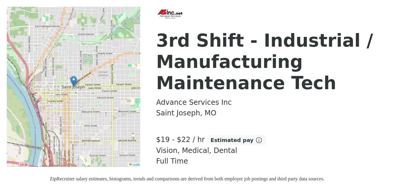 Advance Services Inc job posting for a 3rd Shift - Industrial / Manufacturing Maintenance Tech in Saint Joseph, MO with a salary of $20 to $23 Hourly and benefits including dental, life_insurance, medical, pto, retirement, and vision with a map of Saint Joseph location.