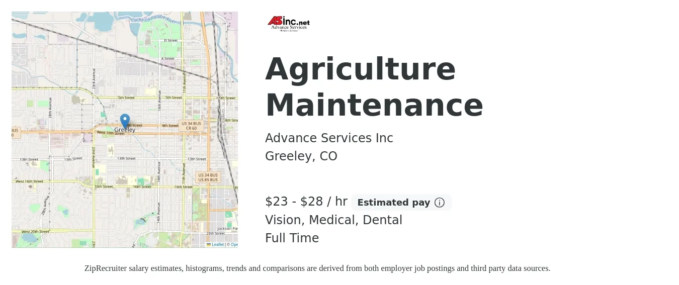 Advance Services Inc job posting for a Agriculture Maintenance in Greeley, CO with a salary of $24 to $30 Hourly and benefits including medical, pto, vision, and dental with a map of Greeley location.