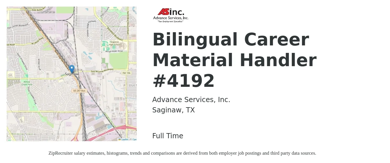 Advance Services, Inc. job posting for a Bilingual Career Material Handler #4192 in Saginaw, TX with a salary of $16 to $19 Hourly with a map of Saginaw location.