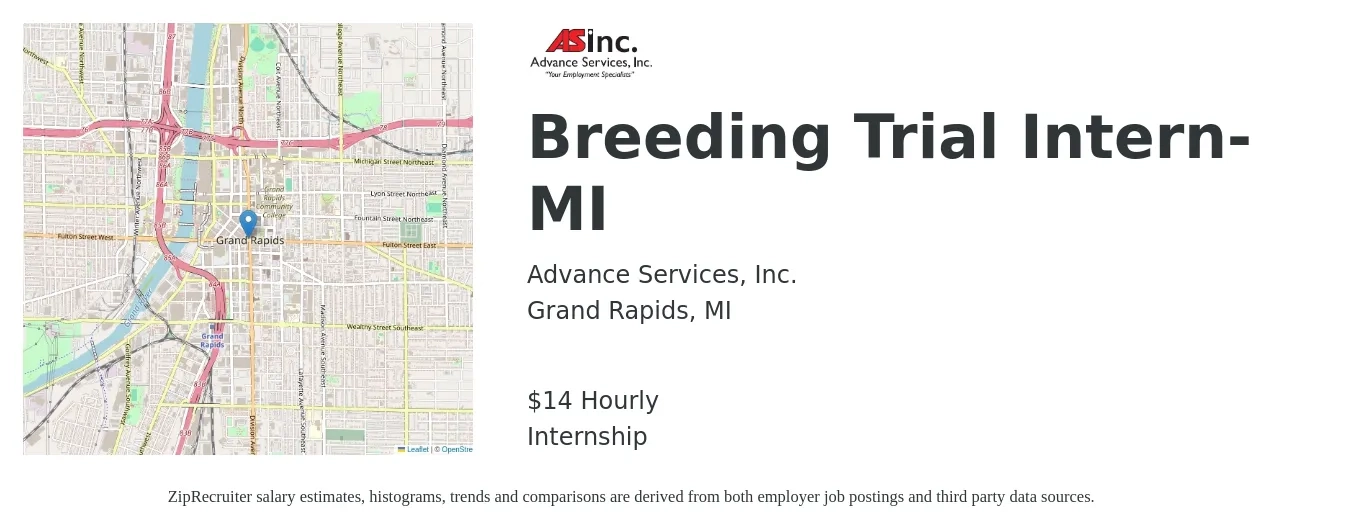 Advance Services, Inc. job posting for a Breeding Trial Intern-MI in Grand Rapids, MI with a salary of $15 Hourly with a map of Grand Rapids location.